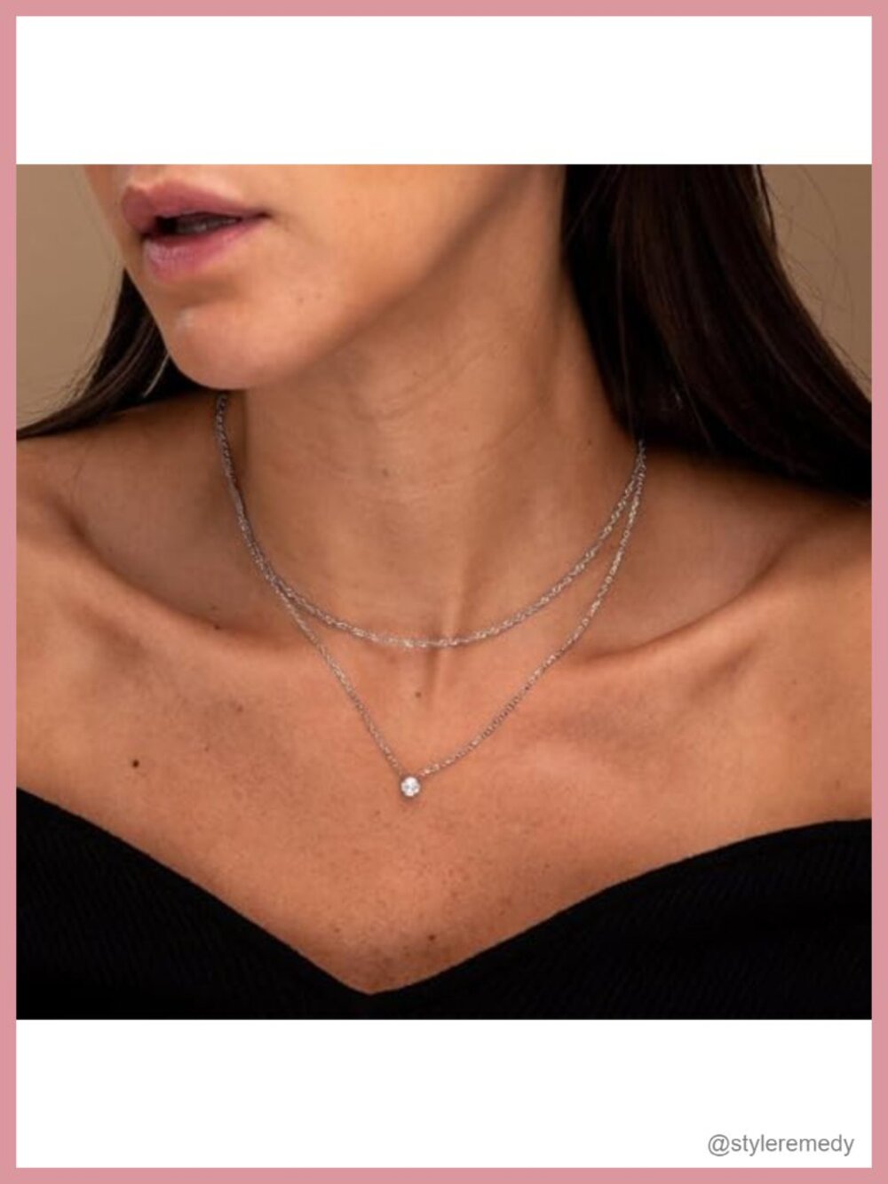 Layered Gold Plated Necklace with Cubic Zirconia Pendant, 14k Real Gold Plated - Picture 2 of 6